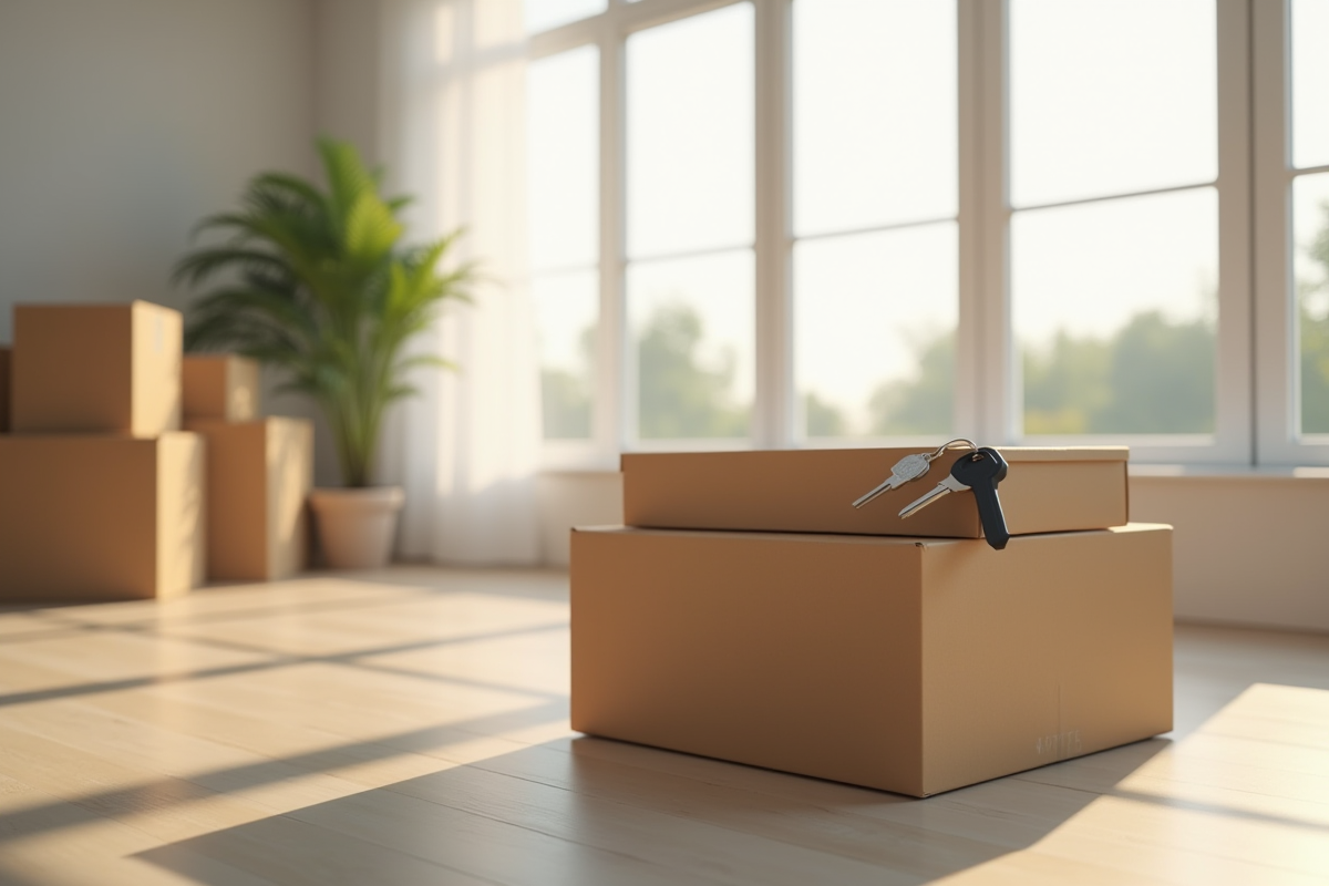 Cartons empiles dans un salon lumineux en transition