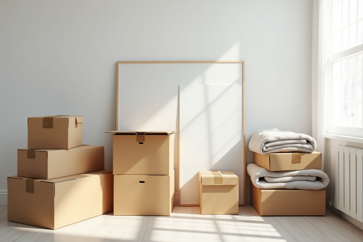 Cartons étiquetés et meubles protégés dans un appartement organisé
