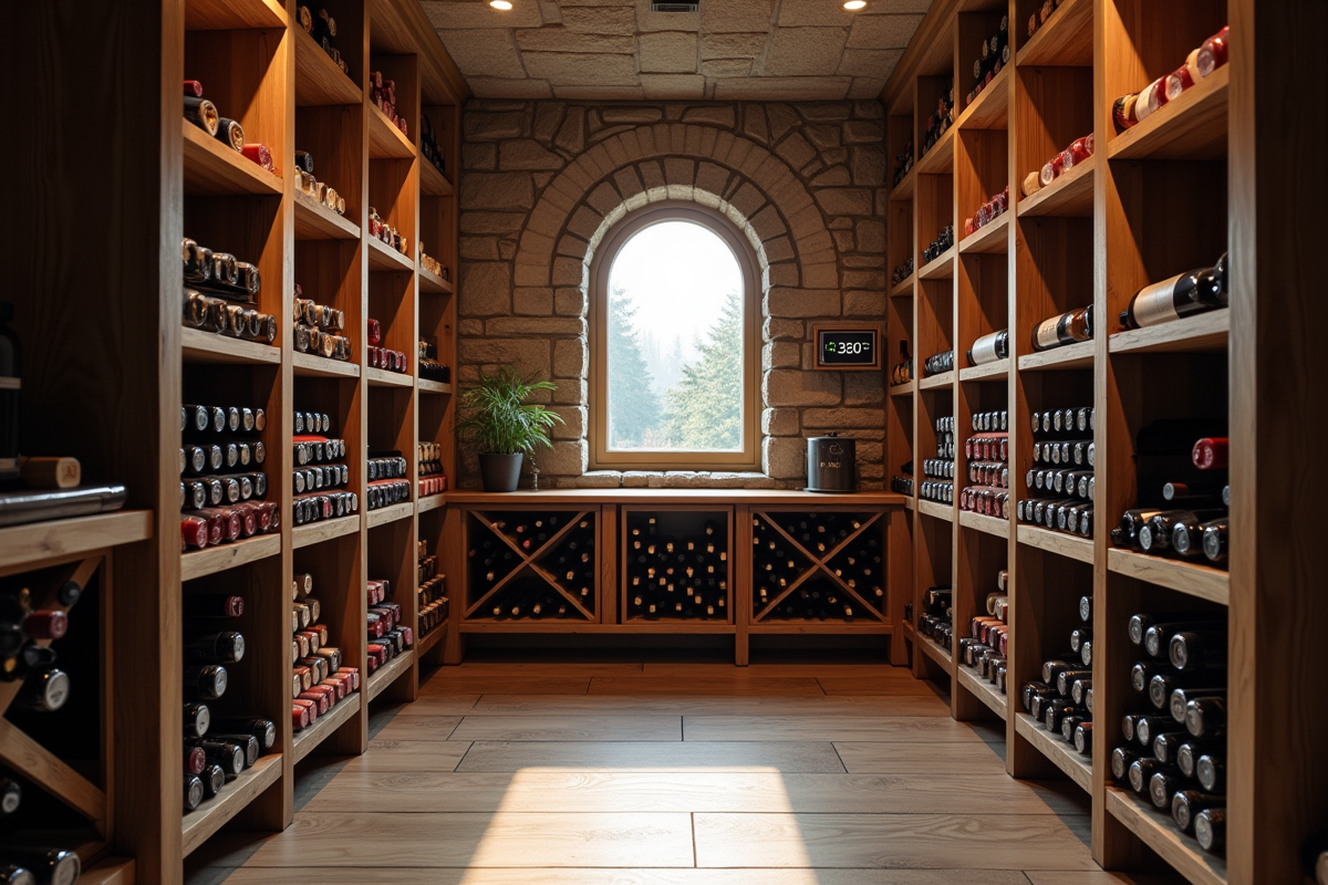 Cave à vin moderne avec étagères en bois et hygromètre