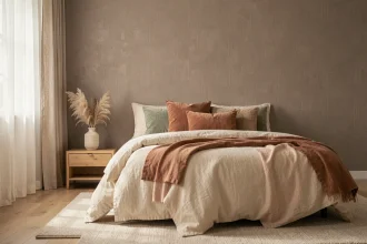 Chambre adulte cocooning avec papier peint texturé taupe et literie en coton ivoire et caramel