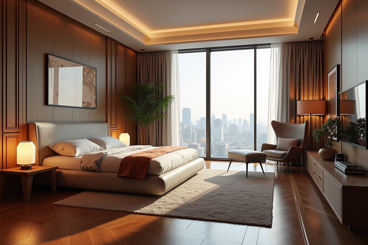 Chambre chaleureuse avec parquet en noyer et luminaires doux