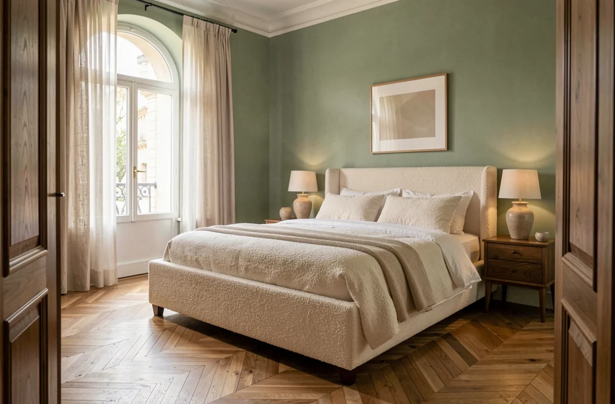Chambre de luxe décorée par un professionnel de l'Ain avec tête de lit en bouclé ivoire, parquet en chevrons et rideaux en lin
