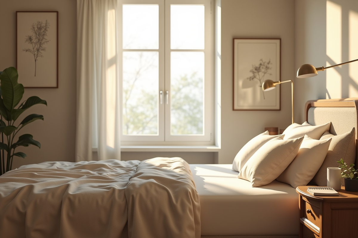 Chambre sereine au matin avec lit bien fait et lumière douce