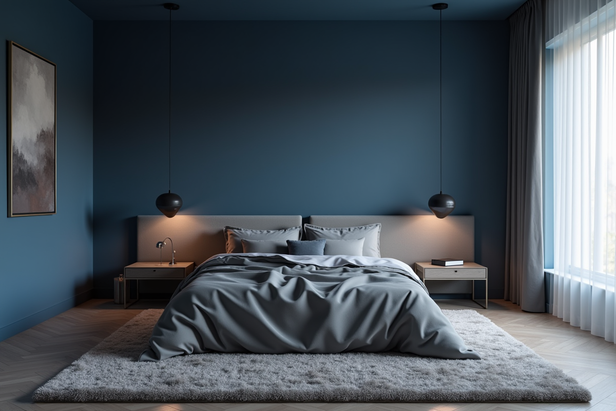 Chambre minimaliste avec murs bleu fonce et ambiance calme
