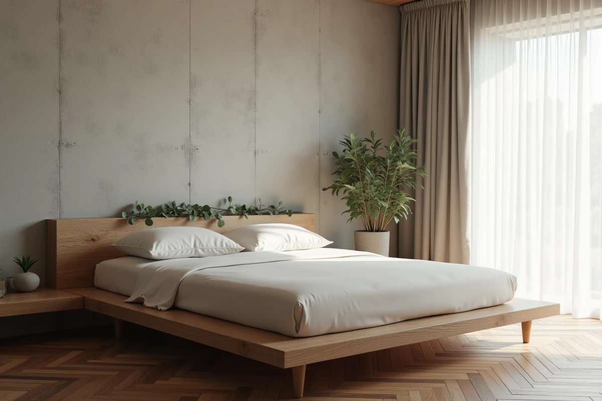 Chambre minimaliste avec lit bas en coton écru, tête de lit en chêne brut et décoration végétale douce pour une atmosphère reposante