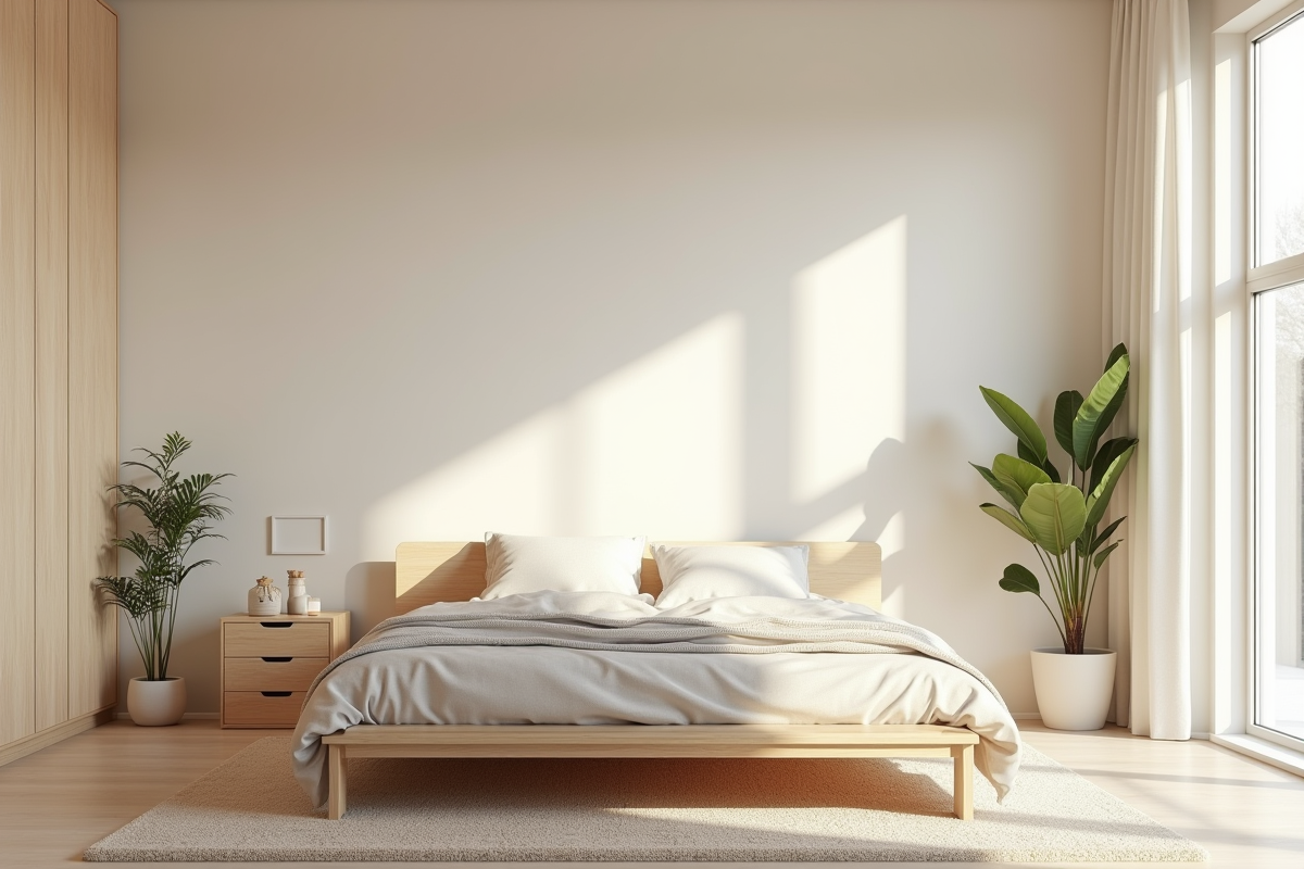 Chambre moderne avec murs pastel et grande fenetre lumineuse