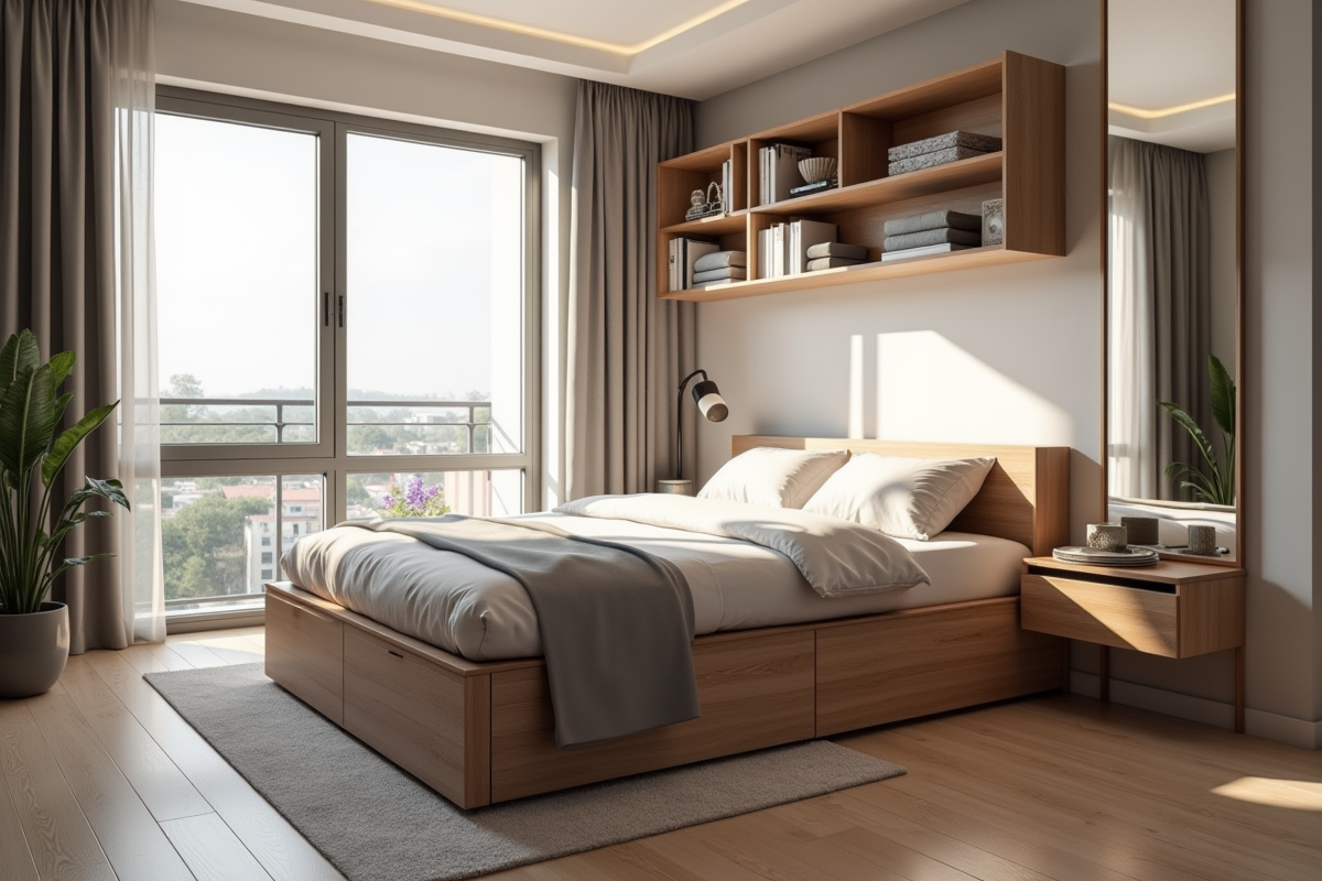 Chambre moderne avec mobilier multifonctionnel et miroir