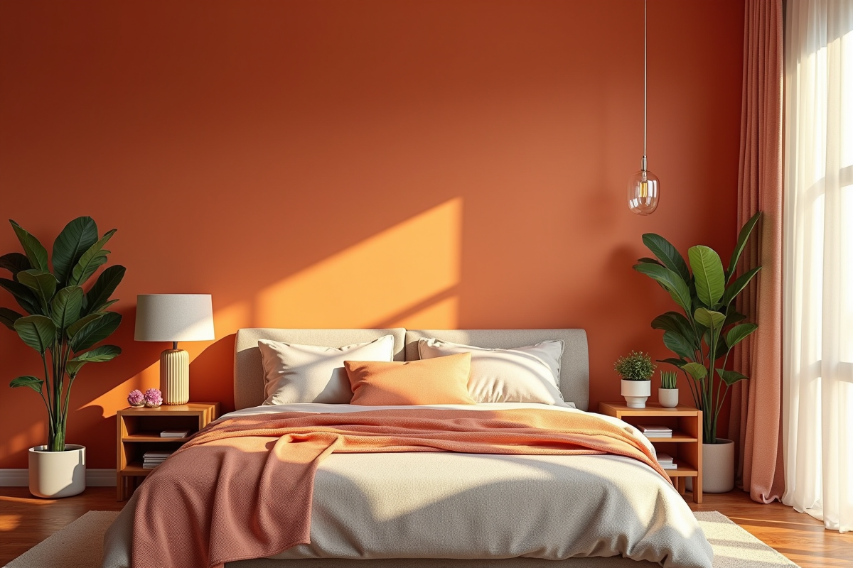 Chambre contemporaine avec murs terracotta et lumière naturelle
