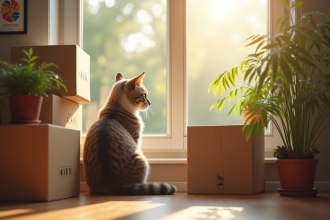 Chat domestique près d'une fenêtre ensoleillée dans un intérieur cosy