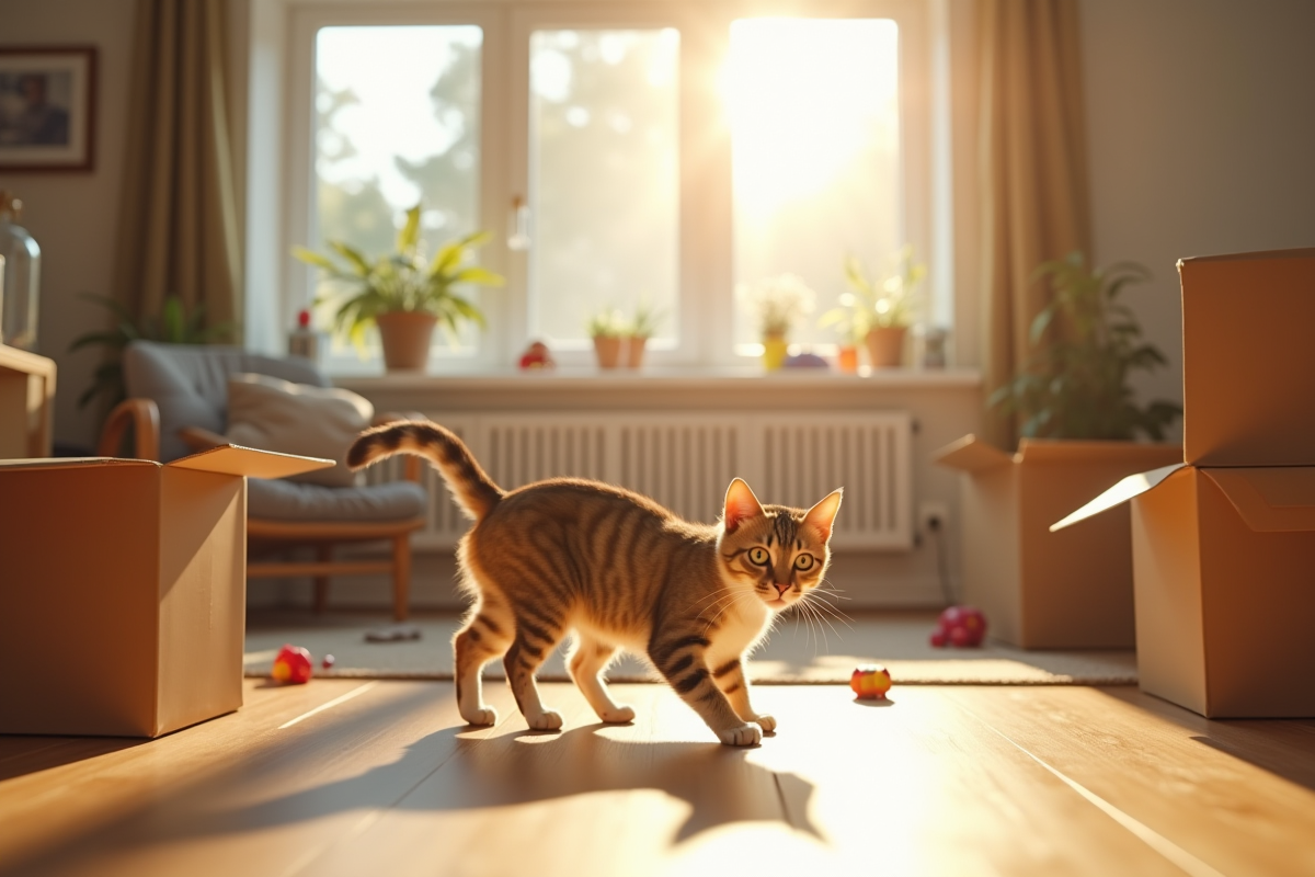 Chat curieux explorant un salon avec des cartons et jouets