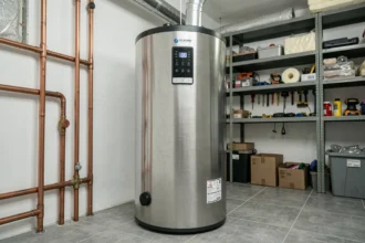 Chauffe-eau thermodynamique de 200 litres installé dans une buanderie moderne avec tuyauterie en cuivre