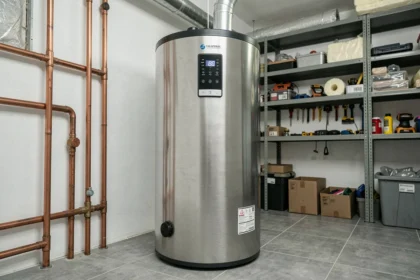 Chauffe-eau thermodynamique de 200 litres installé dans une buanderie moderne avec tuyauterie en cuivre