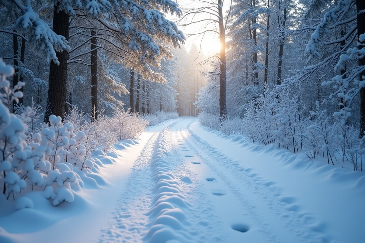 Chemin forestier enneige au matin avec empreintes et éclats de soleil