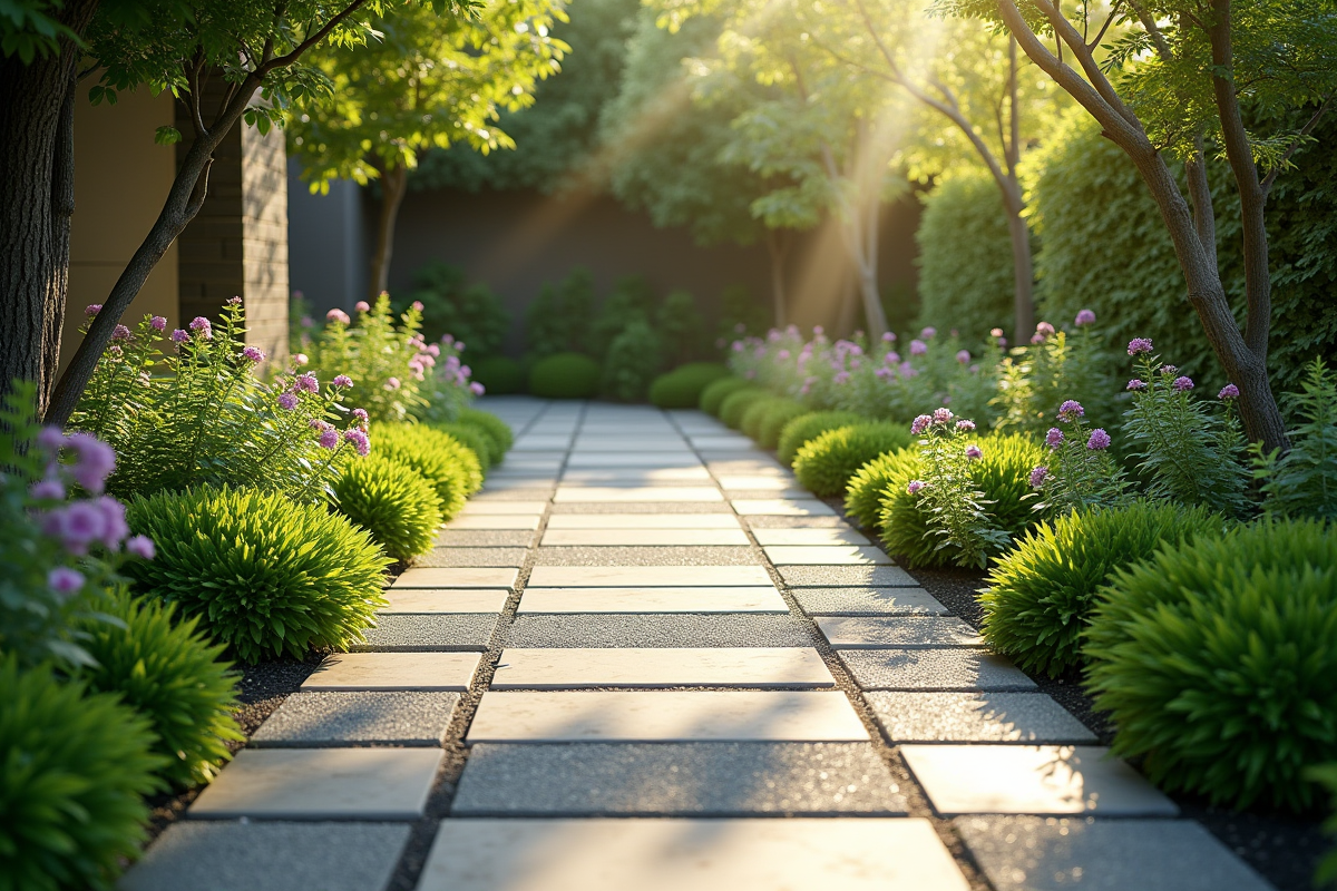 Allée moderne avec pavés géométriques et végétation