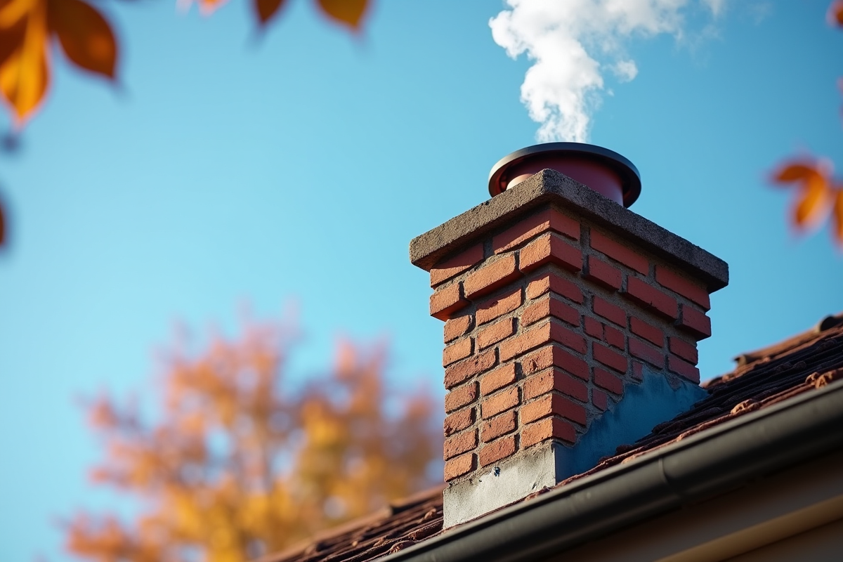 Cheminée en brique sur le toit avec fumée en automne