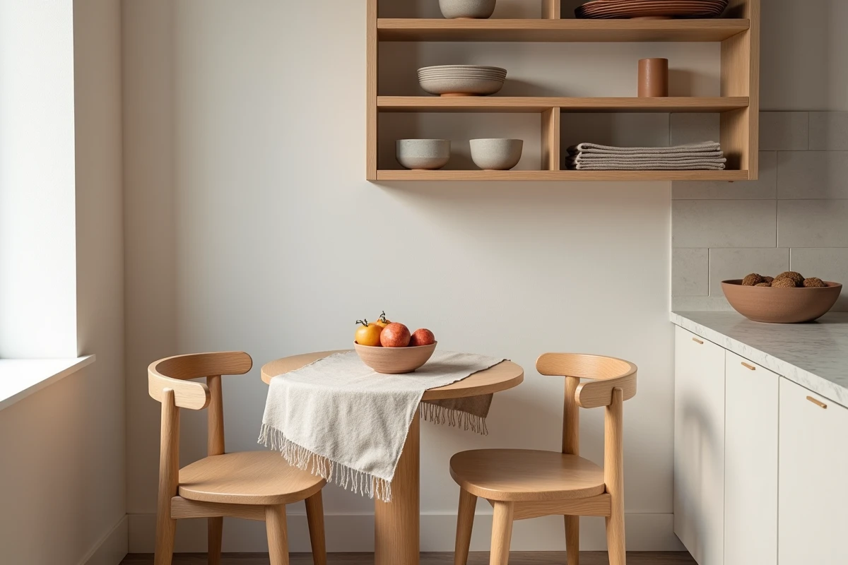 Coin cuisine minimaliste avec table en chêne clair, carrelage zellige terracotta et vaisselle artisanale pour une déco douce et authentique
