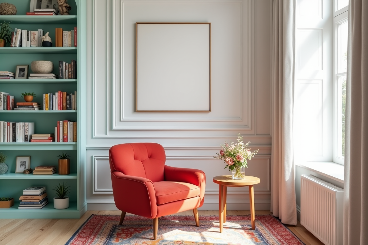 Coin lecture cosy avec fauteuil rouge et étagère turquoise