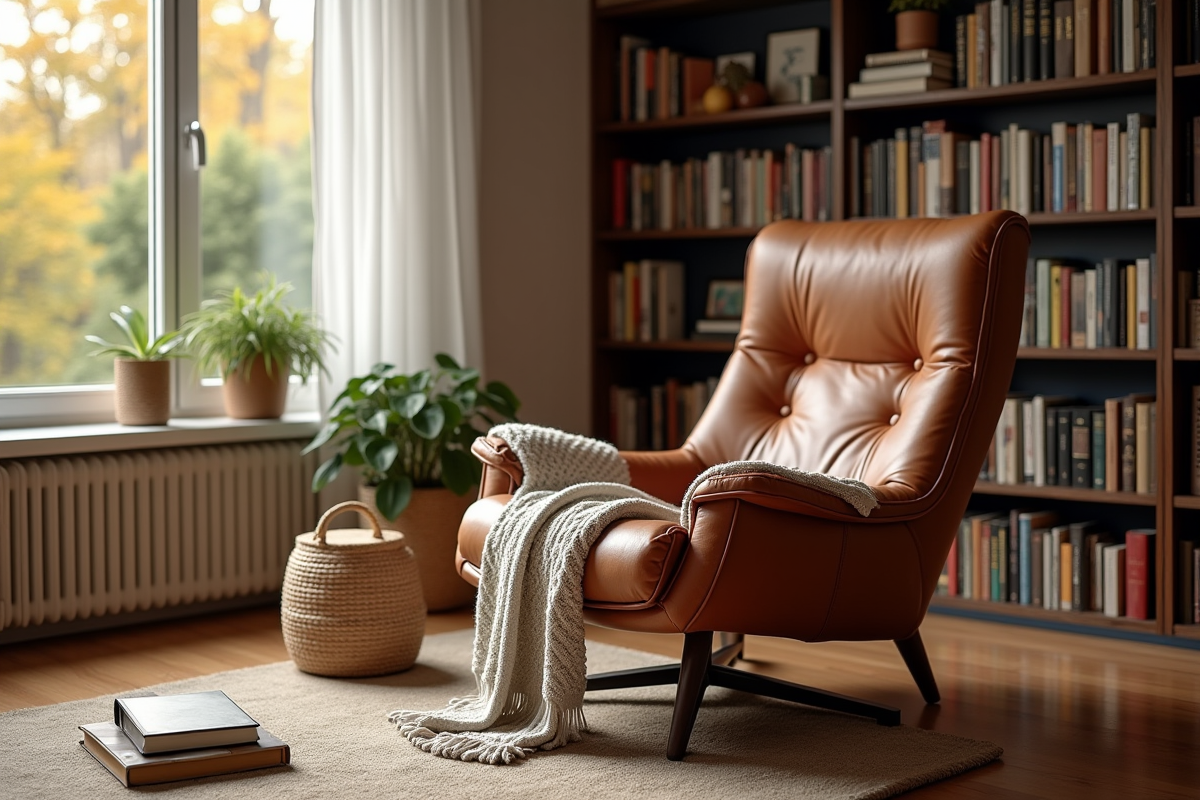 Coin lecture avec fauteuil en cuir et ambiance chaleureuse