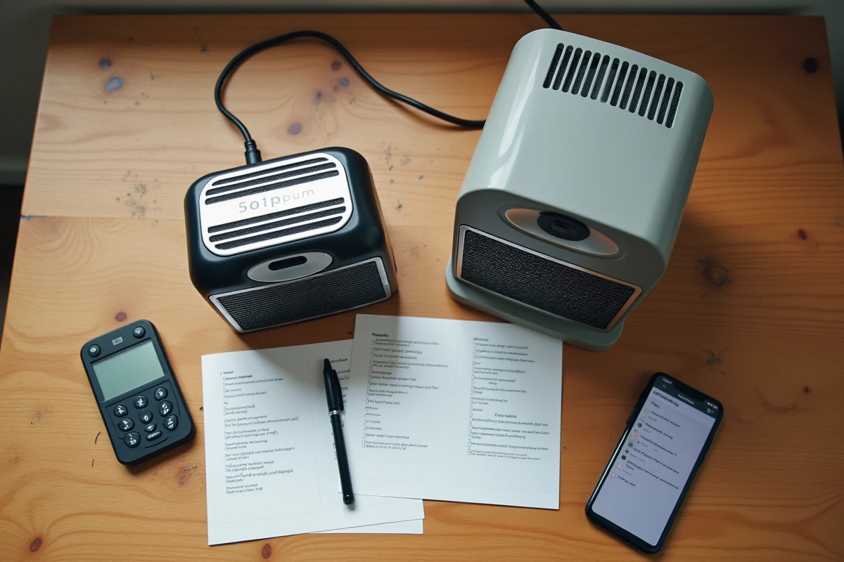 Comparaison de deux chauffages électriques portables posés côte à côte sur un bureau avec des notes manuscrites et une liste de critères