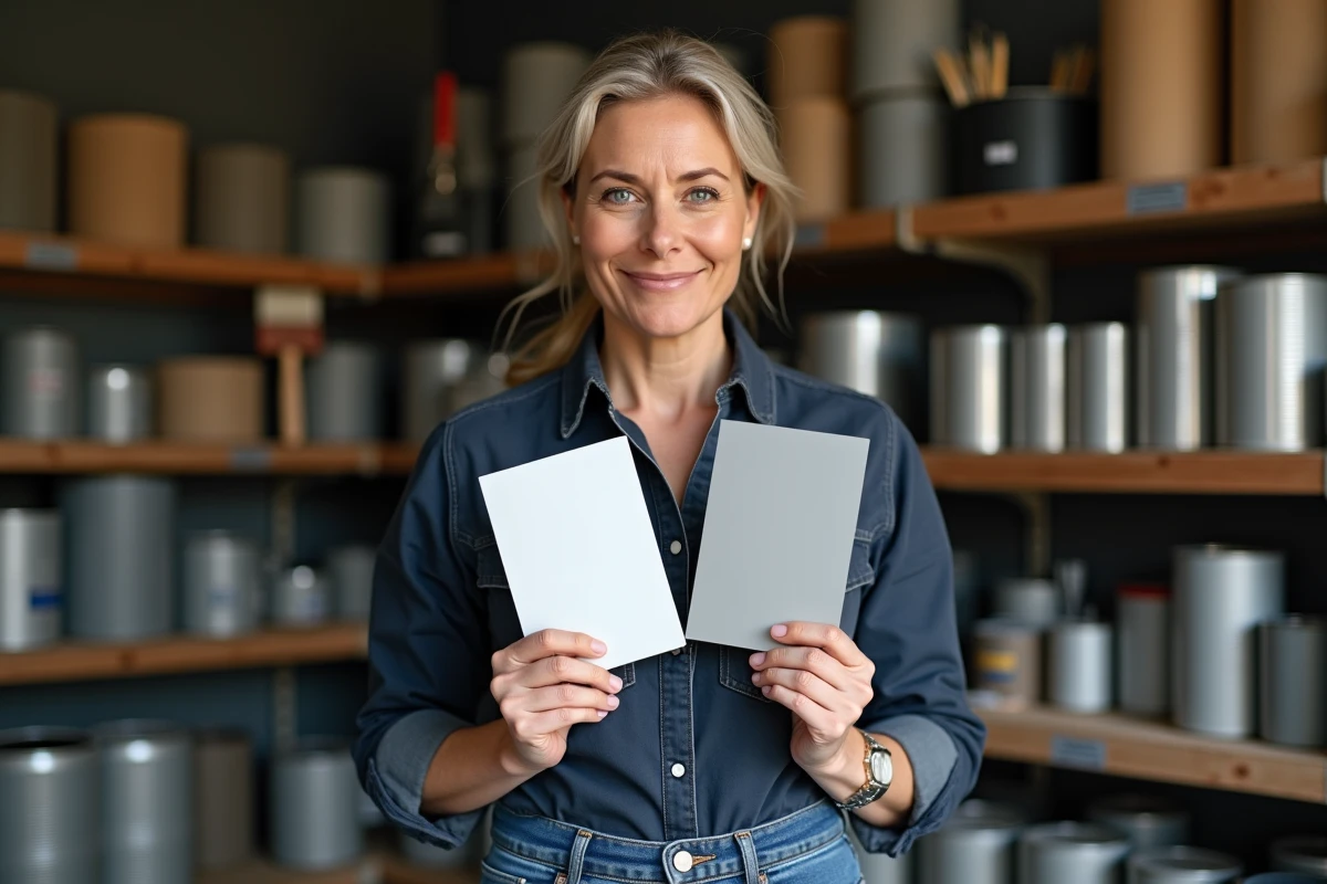 Femme comparant des échantillons de couleur RAL 9006 blanc aluminium dans un garage de bricolage bien équipé