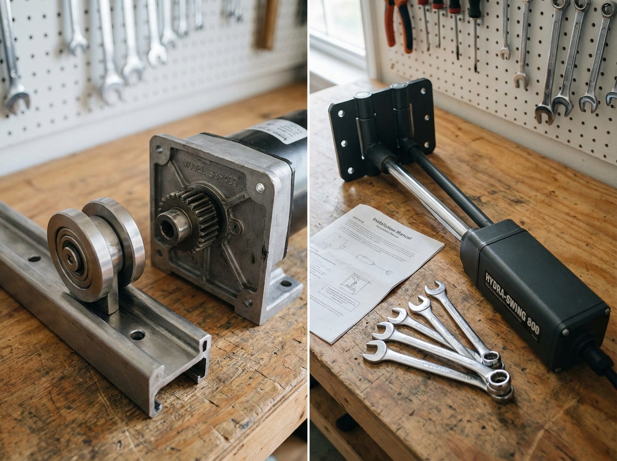 Comparaison des mécanismes de portail coulissant et battant posés sur un établi d'atelier avec guide d'installation et outils