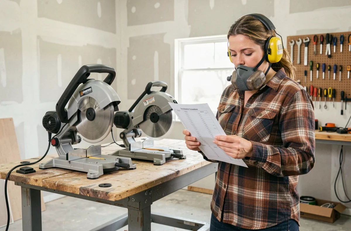 Femme comparant deux modèles de scies radiales dans un garage aménagé en atelier de bricolage