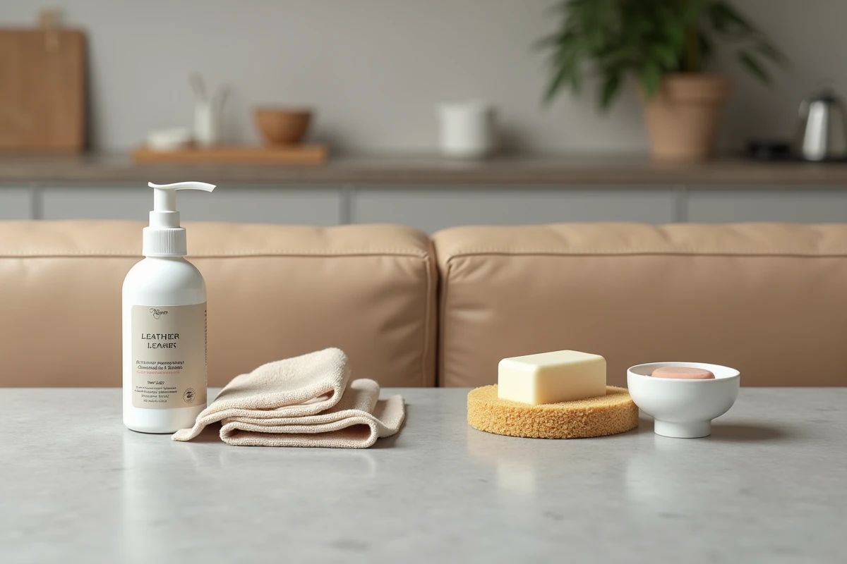 Comparaison entre nettoyant cuir spécialisé et savon de Marseille classique posés à côté d'un accoudoir de canapé beige
