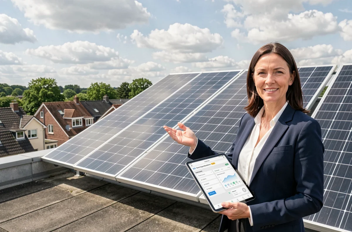 Femme consultant une tablette pour comparer les offres solaires EDF ENR sur une terrasse avec panneaux photovoltaïques