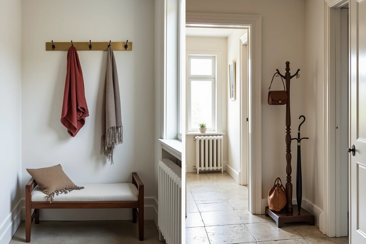 Comparaison entre porte-manteau mural en laiton brossé et porte-manteau sur pied en noyer dans deux types d'entrées différentes