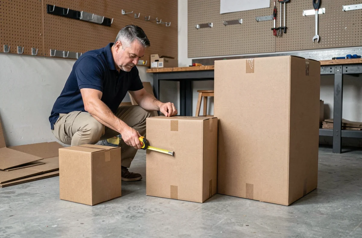 Homme comparant trois tailles de cartons de déménagement avec un mètre ruban dans un garage