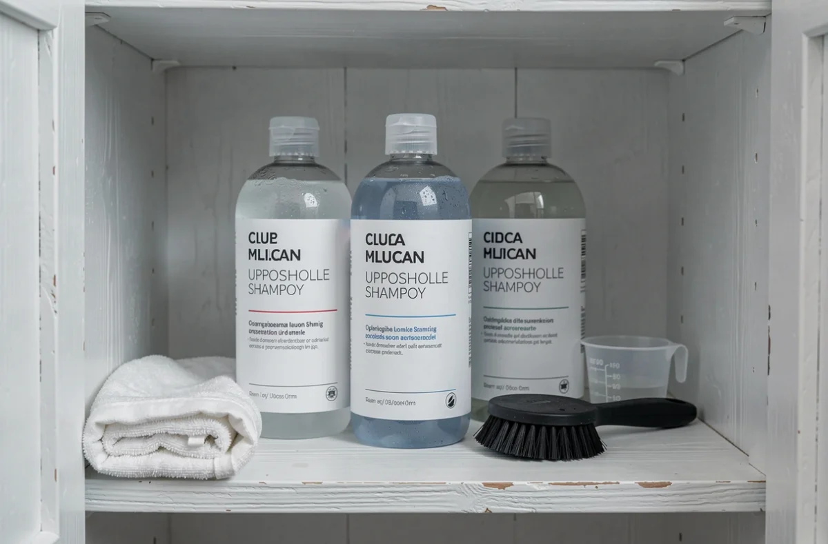 Comparaison de produits pour shampouineuse pour canapé alignés sur une étagère de rangement domestique