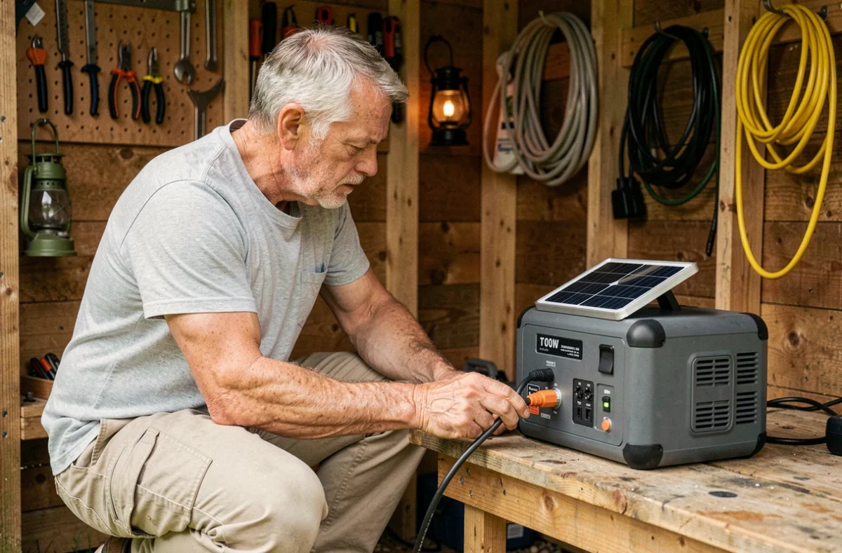 Homme connectant un panneau solaire 100W à une station d'énergie portable dans un abri de jardin