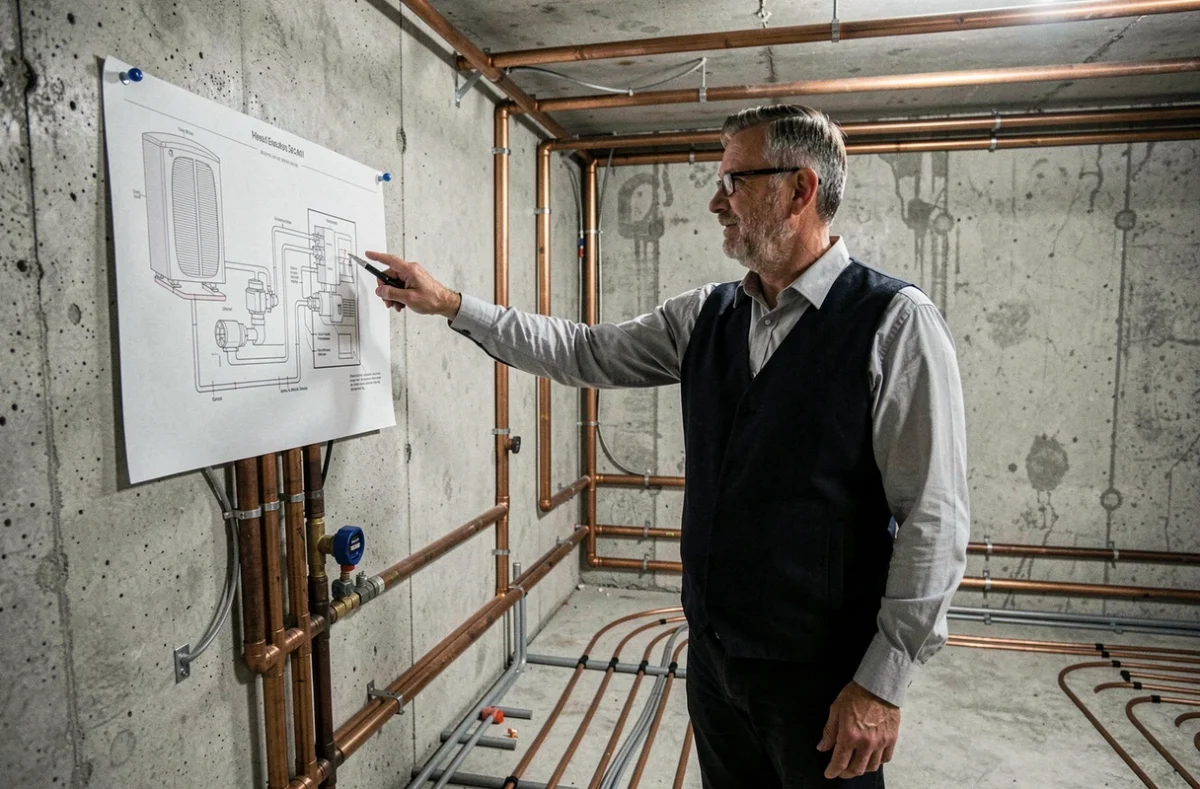 Conseiller en énergie expliquant un schéma de dimensionnement de pompe à chaleur dans une chaufferie résidentielle