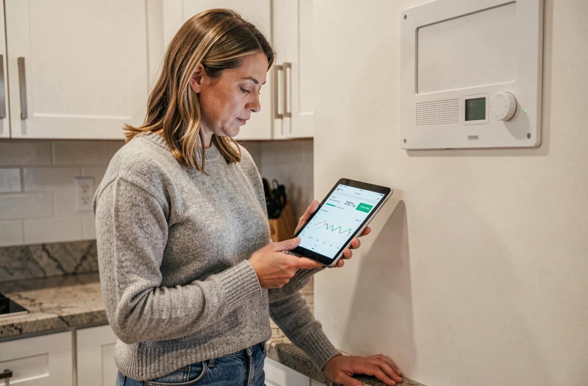 Femme consultant la consommation énergétique d'une pompe à chaleur sur une tablette dans une cuisine moderne