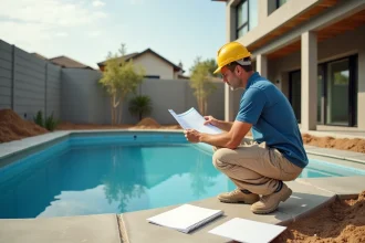 Ouvrier de chantier inspectant les plans de construction d'une piscine dans le jardin d'une maison neuve avec armatures en béton apparentes