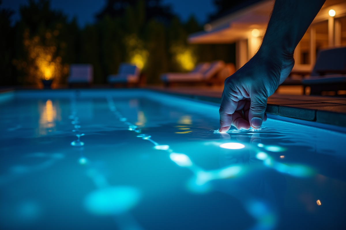 Technicien ajustant le panneau de contrôle des lumières de la piscine