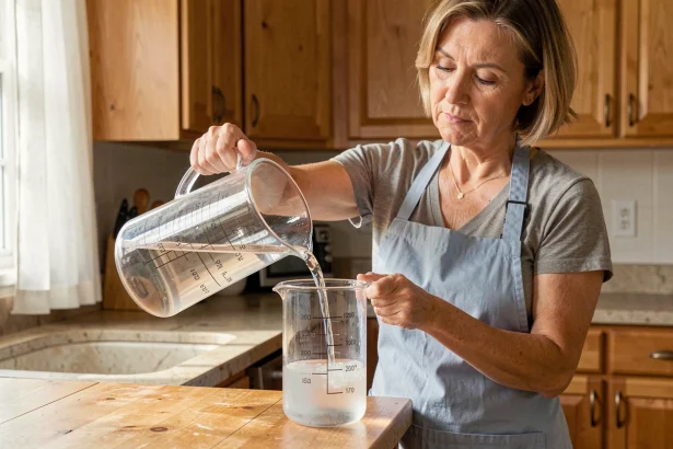 Femme versant de l'eau d'une carafe graduée en litres dans un récipient pour illustrer la conversion litres en mètres cubes