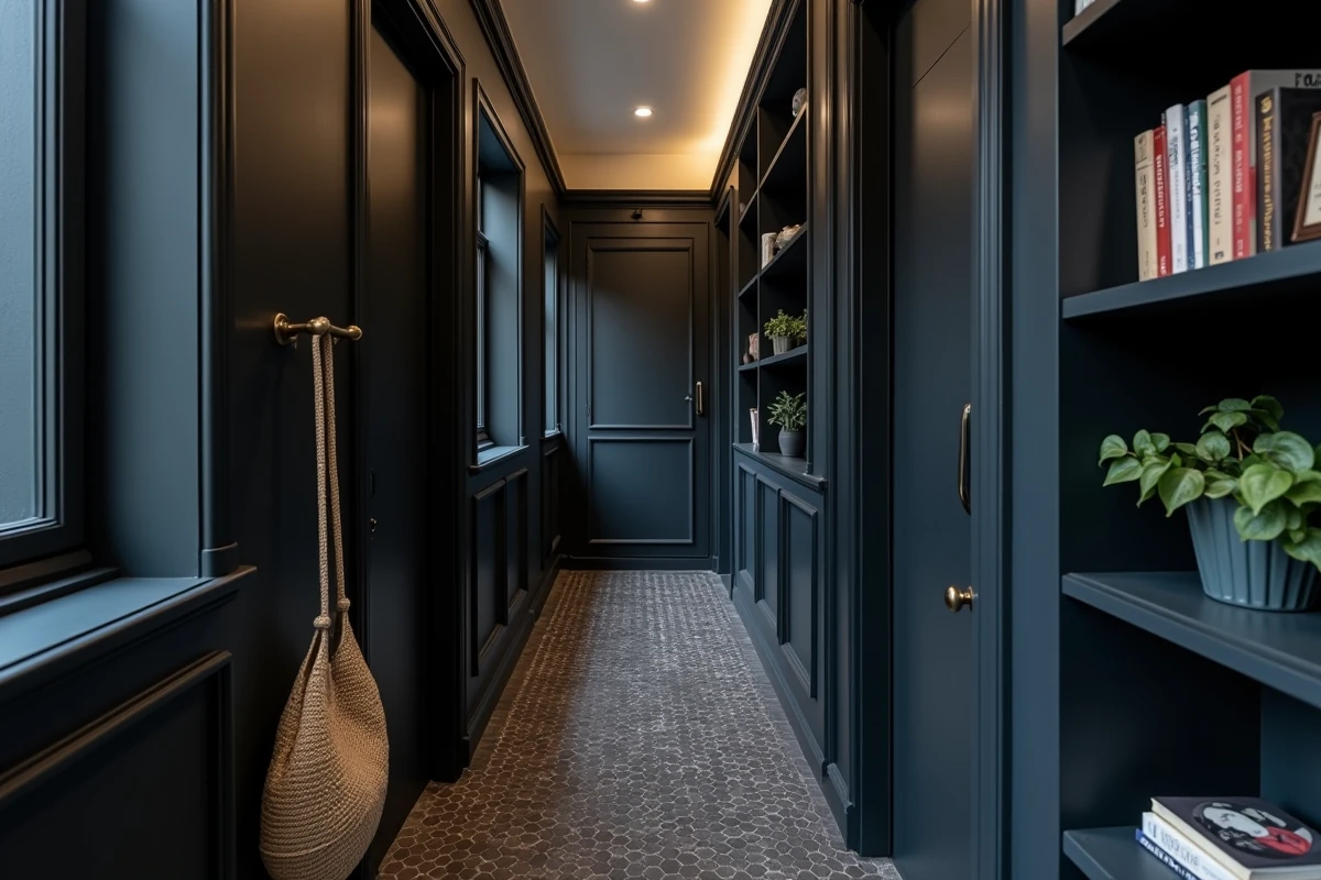 Couloir d'appartement urbain avec murs bleu marine foncé, étagères intégrées et carrelage hexagonal sombre au sol