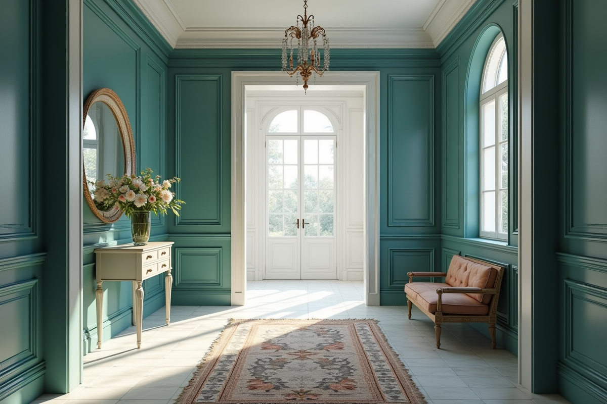 Couloir classique peint en teal avec tapis et fleurs fraîches