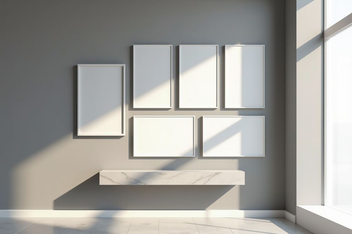 Couloir contemporain avec cadres blancs et éclairage naturel