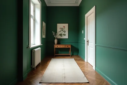 Couloir étroit peint en vert forêt profond avec parquet chêne et moulures blanches, décoré de cadres botaniques et d'une console vintage