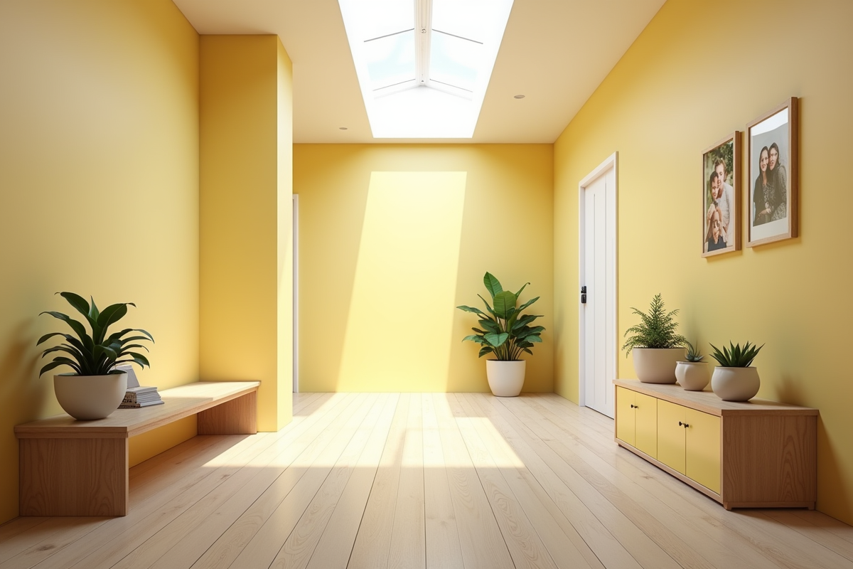 Couloir moderne aux murs pastel jaune et lumière naturelle