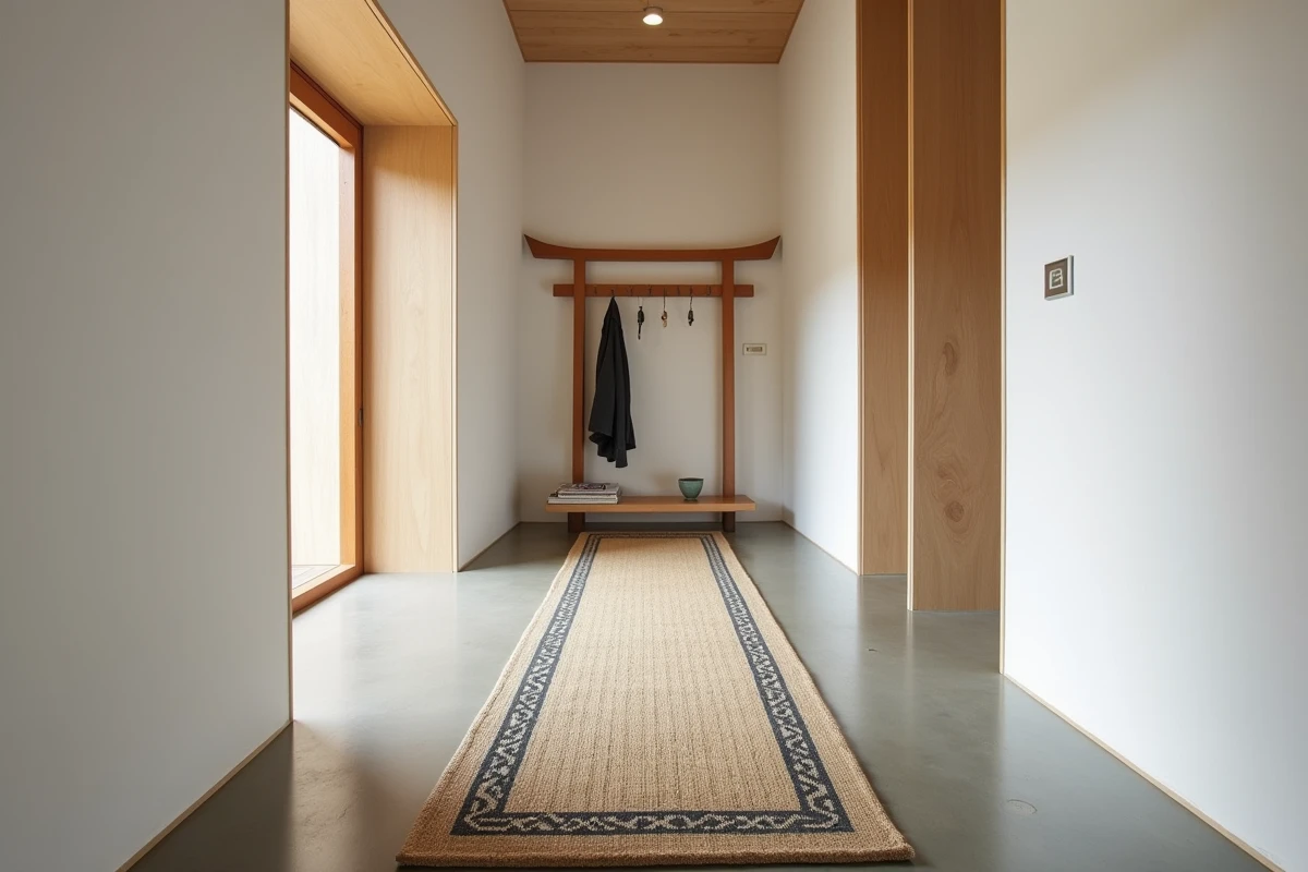 Couloir d'entrée japonisant avec tapis runner géométrique sashiko sur béton poli aménagé selon les principes feng shui