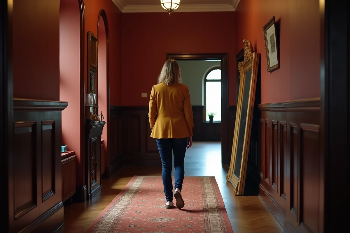 Couloir de style victorien avec murs bordeaux, lambris en bois sombre et tapis à motifs, une femme en blazer moutarde s'éloignant vers le fond