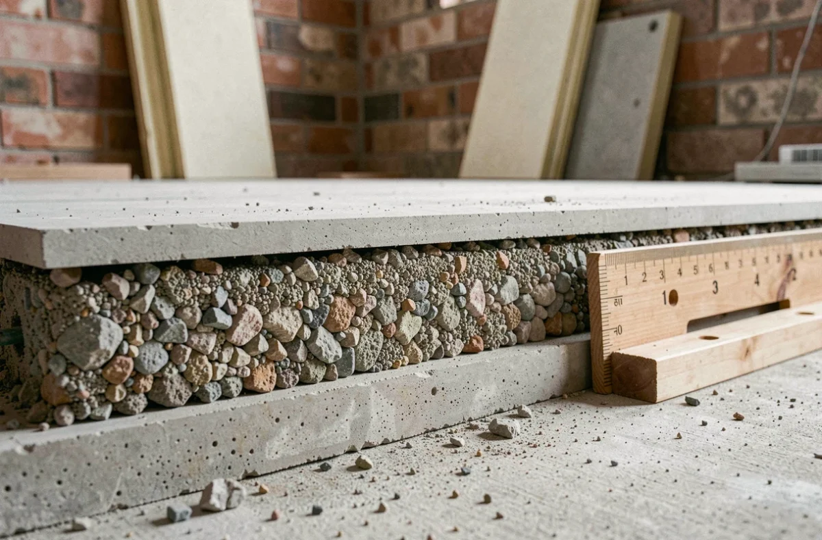 Coupe transversale d'un plancher isolé avec une couche de mâchefer entre dalle béton et chape, avec règle de mesure
