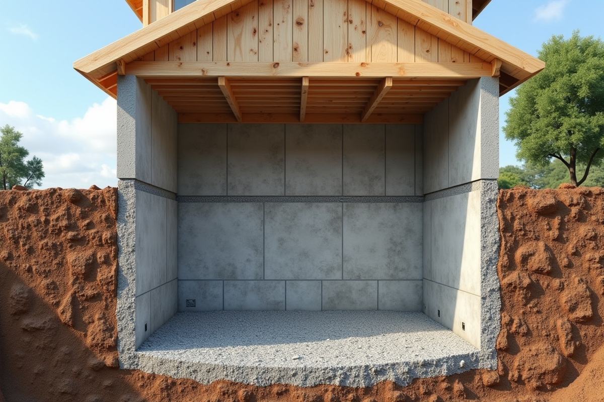 Coupe transversale d une fondation en beton sous une maison