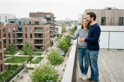 Jeune couple souriant sur un balcon &agrave; Rez&eacute;