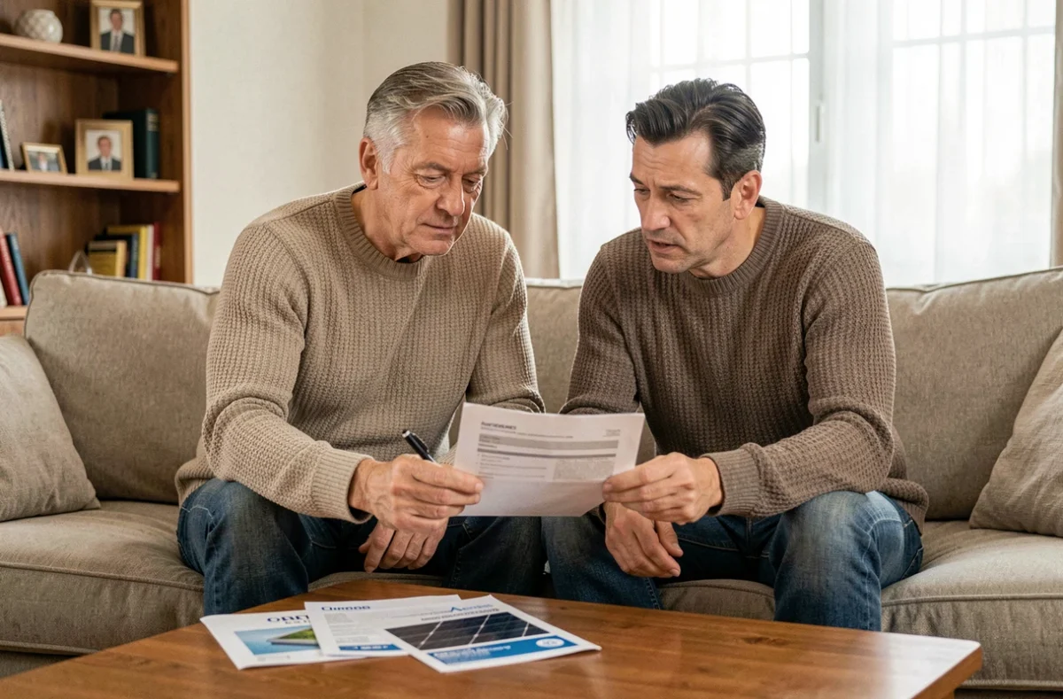 Couple comparant un contrat EDF ENR et des brochures concurrentes pour choisir leur installation solaire