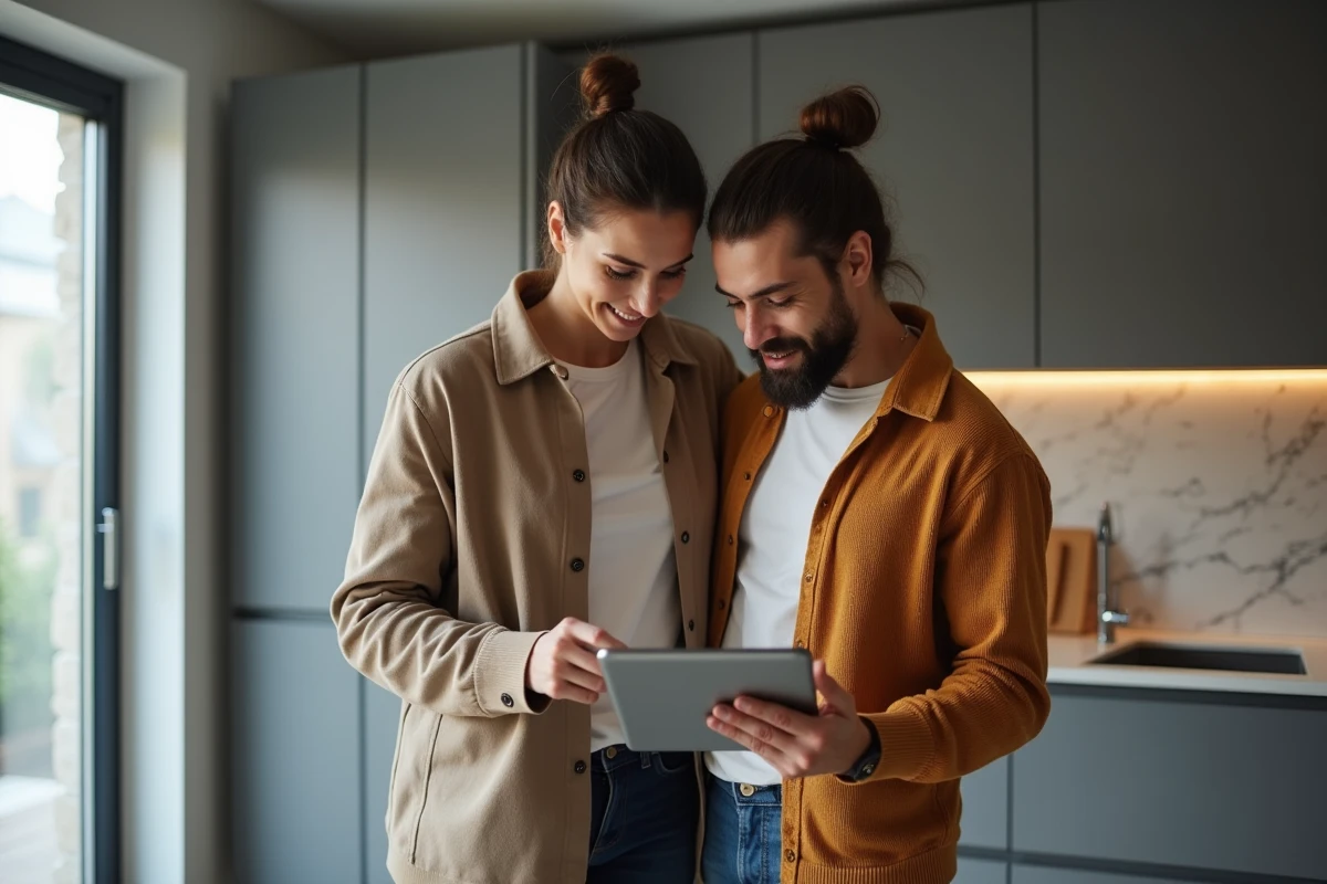 Couple comparant les garanties high-tech de leur assurance habitation MACIF sur une tablette dans leur cuisine moderne