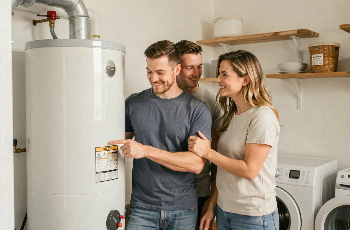 Couple de propriétaires satisfaits devant leur nouveau chauffe-eau thermodynamique 200 litres avec étiquette énergie